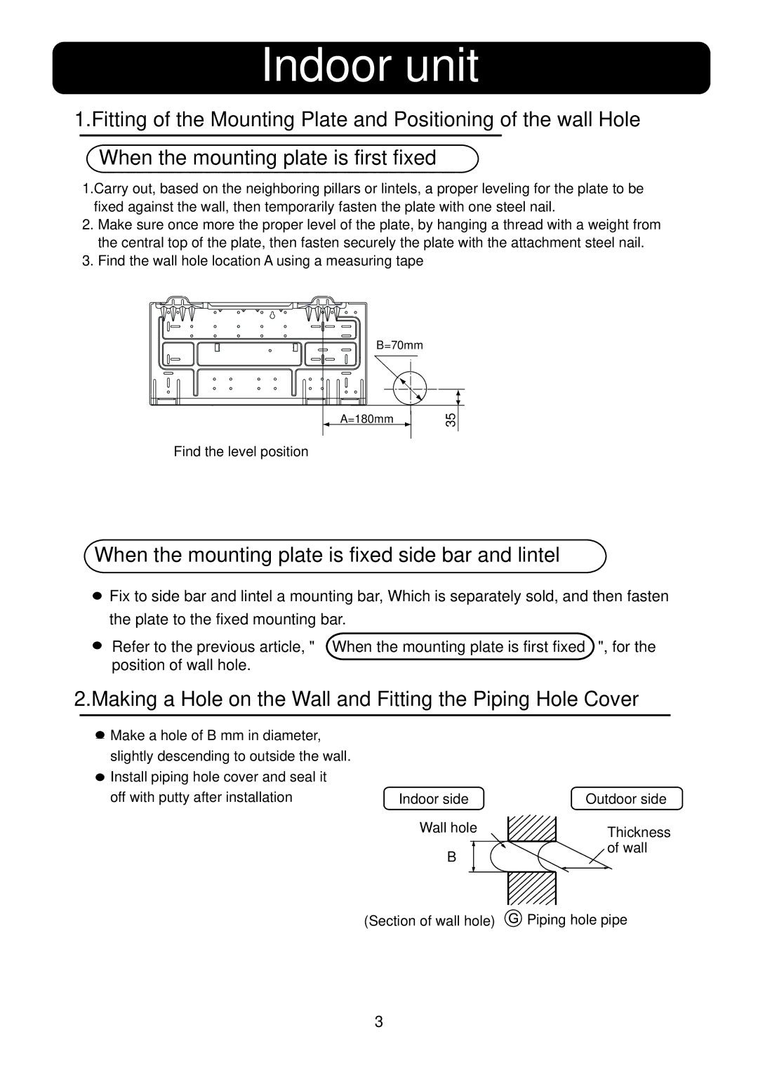 Haier 0010515194 installation manual Indoor unit, When the mounting plate is fixed side bar and lintel 