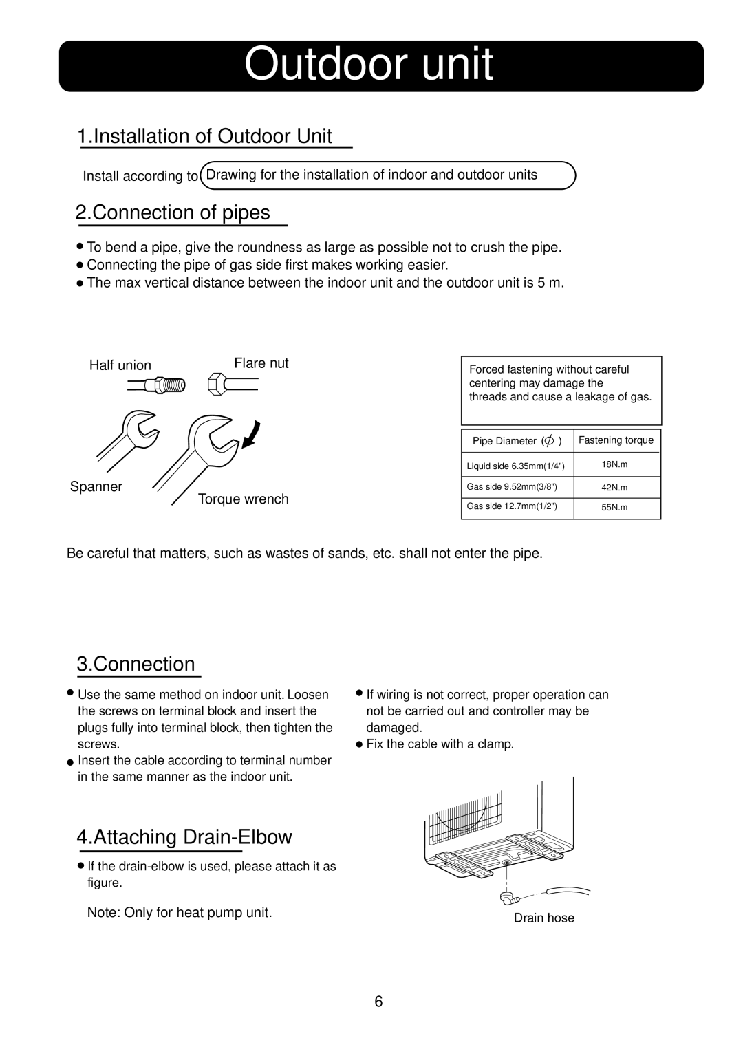 Haier 0010515194 installation manual Outdoor unit, Installation of Outdoor Unit, Connection of pipes, Attaching Drain-Elbow 