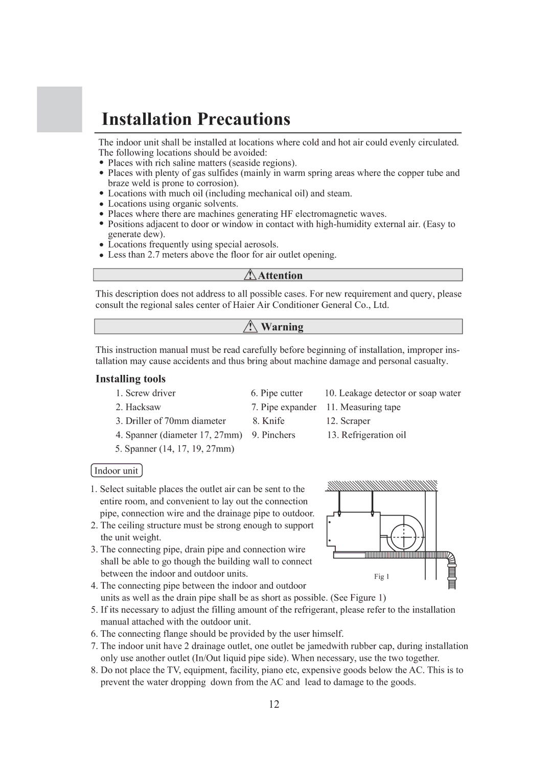 Haier 0010573573 operation manual Installing tools 