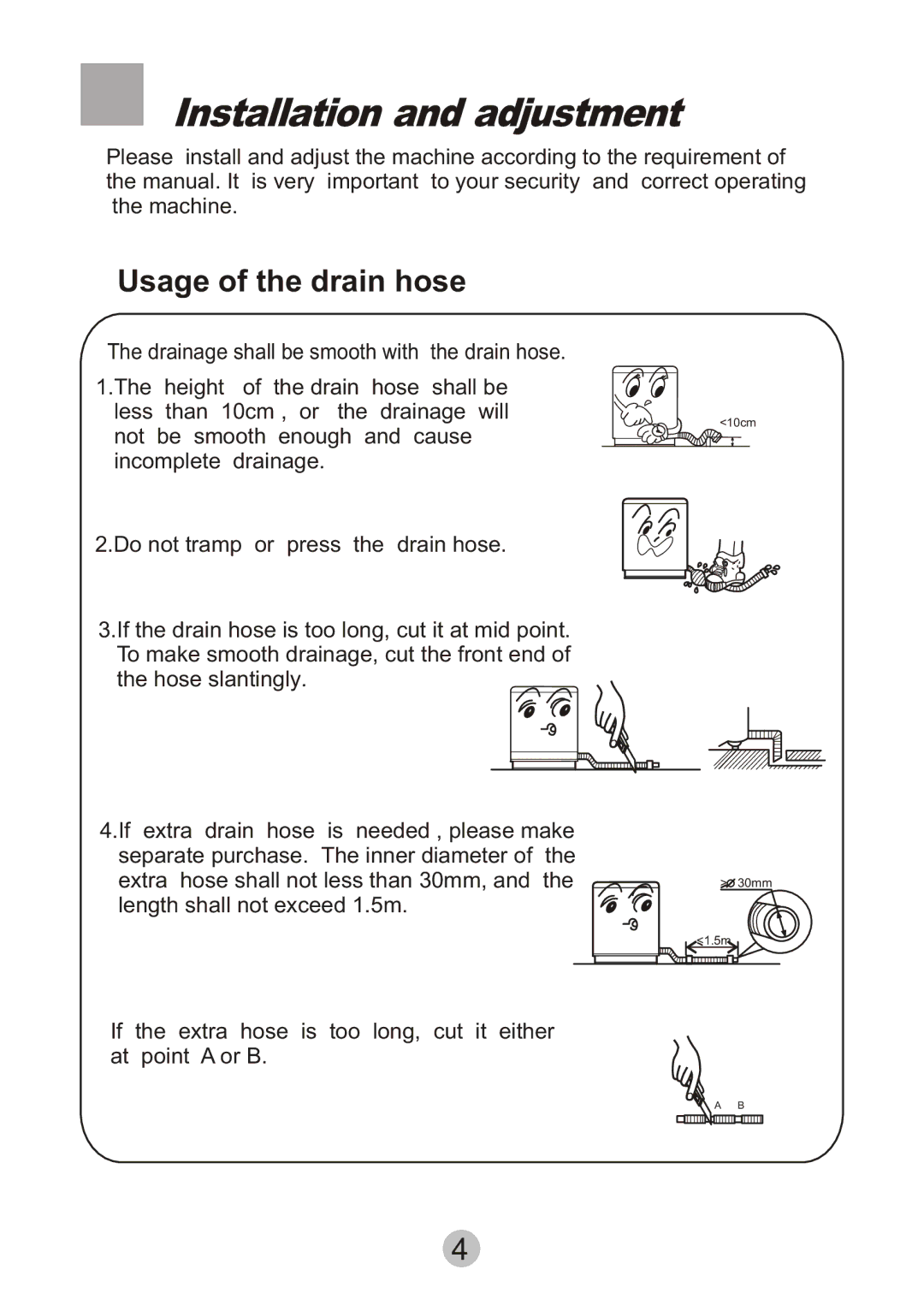 Haier 0030808445 user manual Installation and adjustment, Usage of the drain hose 