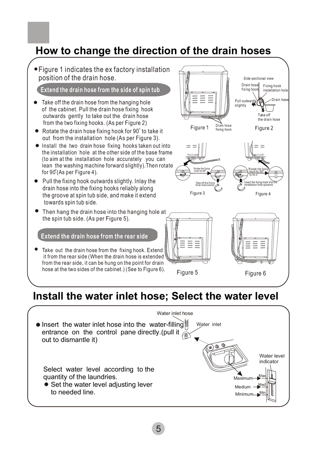 Haier 0030808445 How to change the direction of the drain hoses, Install the water inlet hose Select the water level 