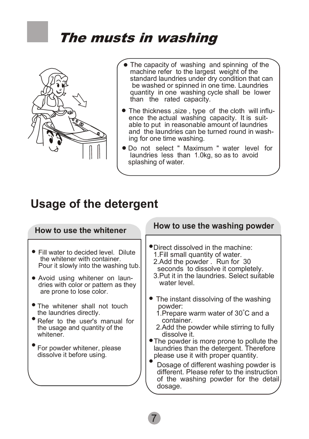 Haier 0030808445 user manual Musts in washing, Usage of the detergent 