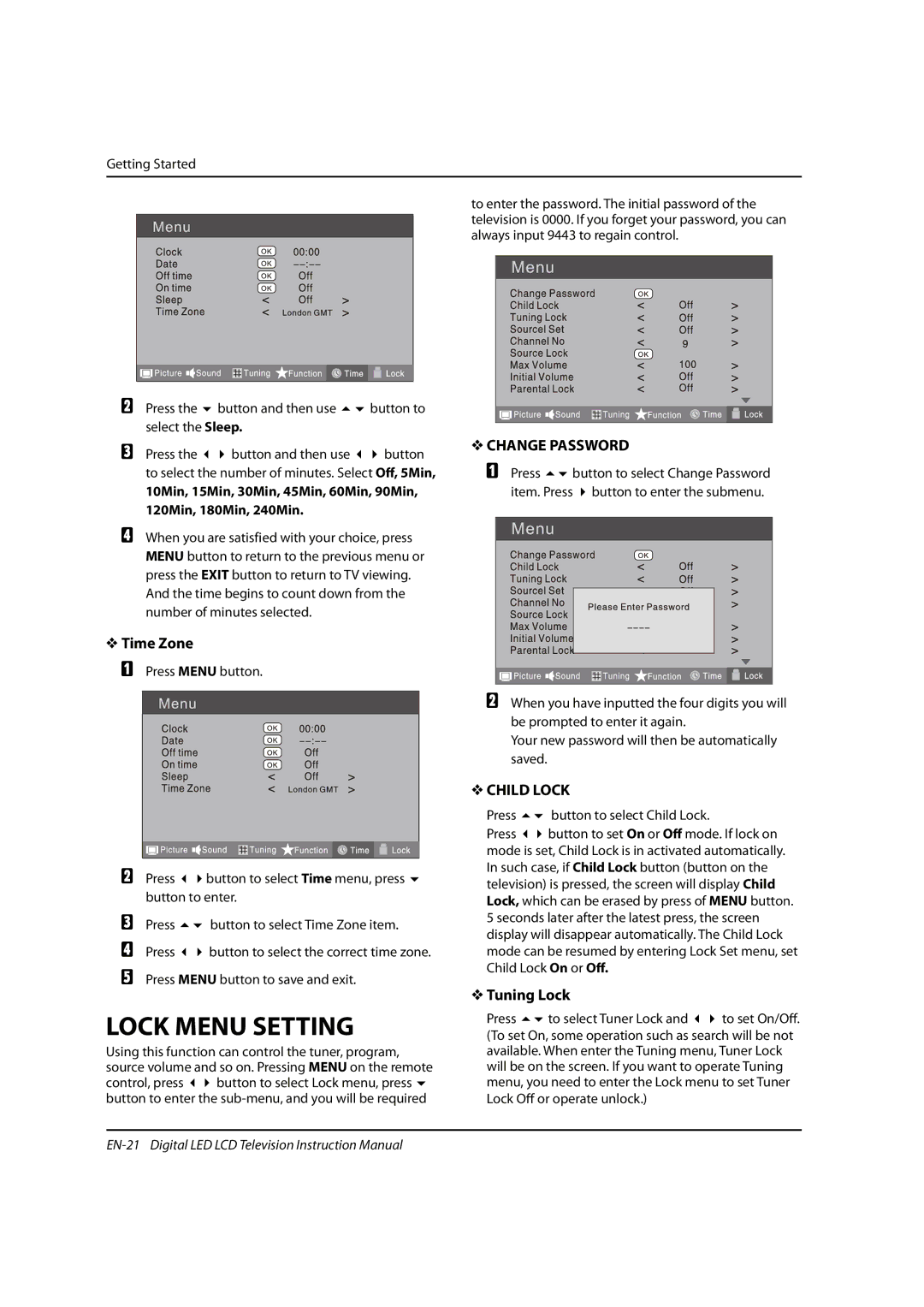 Haier 0090504932V manual Lock Menu Setting, Time Zone, Change Password, Child Lock, Tuning Lock 