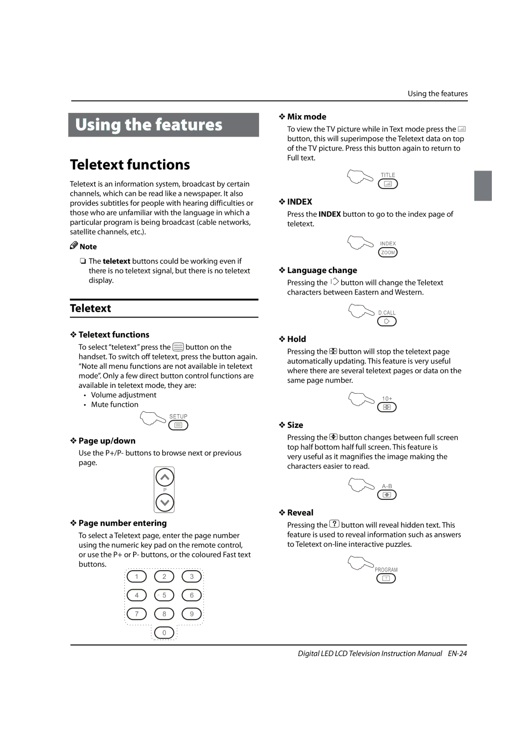 Haier 0090504932V manual Using the features, Teletext functions, Index 