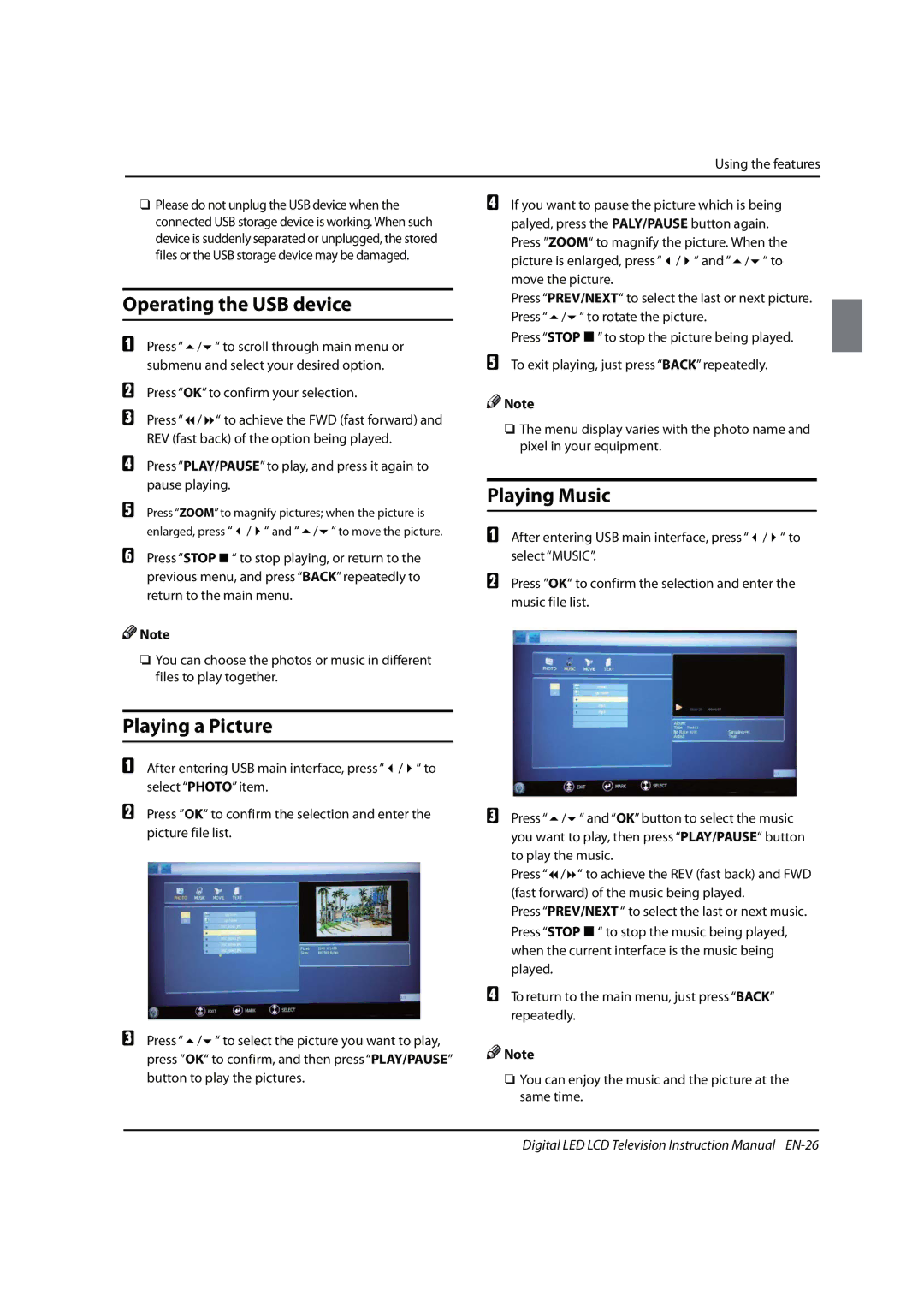 Haier 0090504932V manual Operating the USB device, Playing a Picture, Playing Music, To play the music 