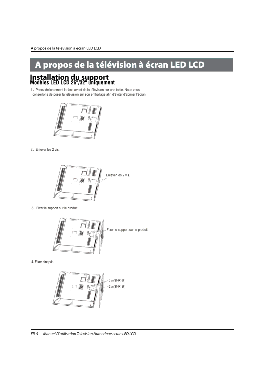 Haier 0090504932V manual Propos de la télévision à écran LED LCD, Installation du support 