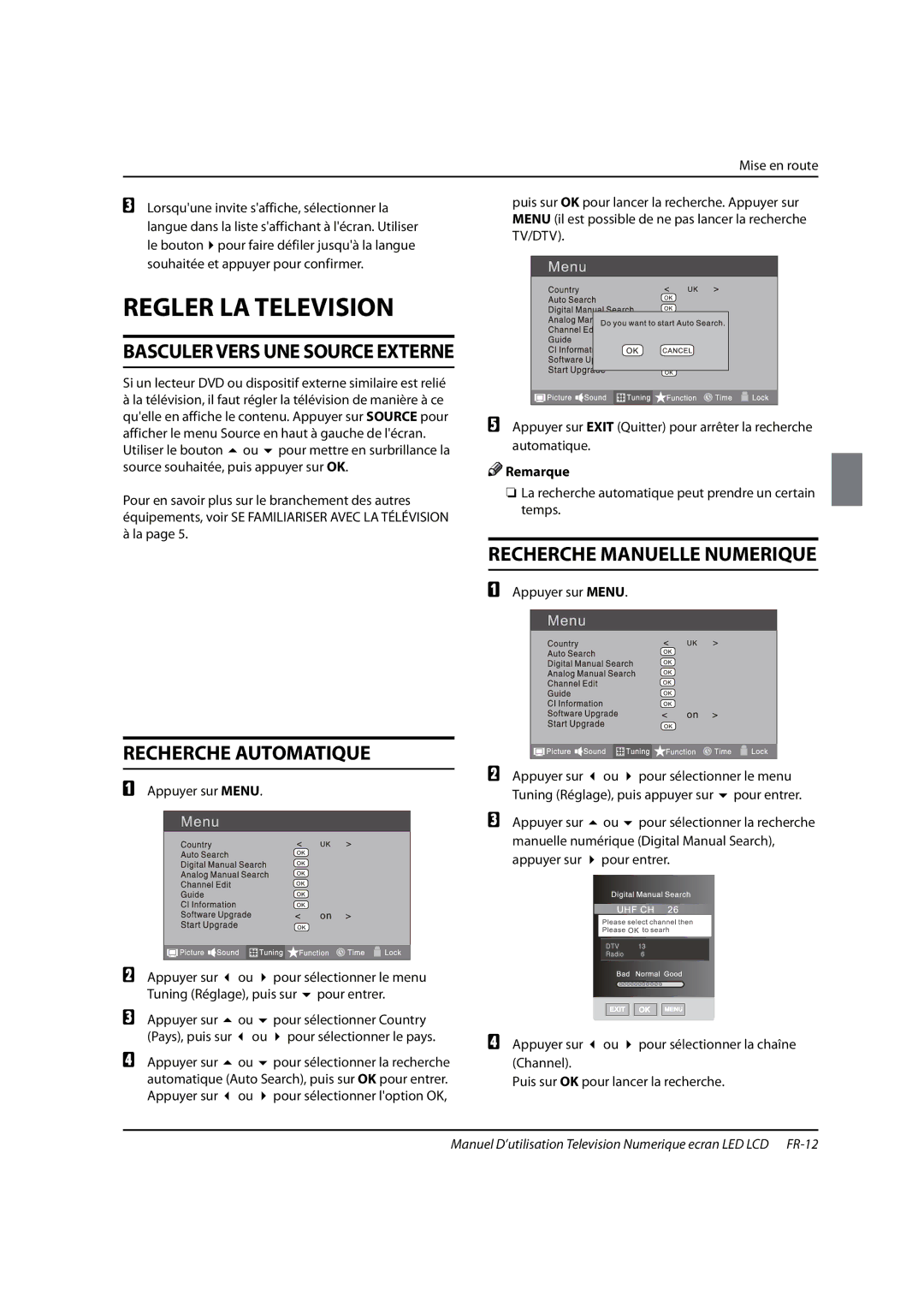 Haier 0090504932V manual Regler LA Television, Recherche Automatique, Recherche Manuelle Numerique 