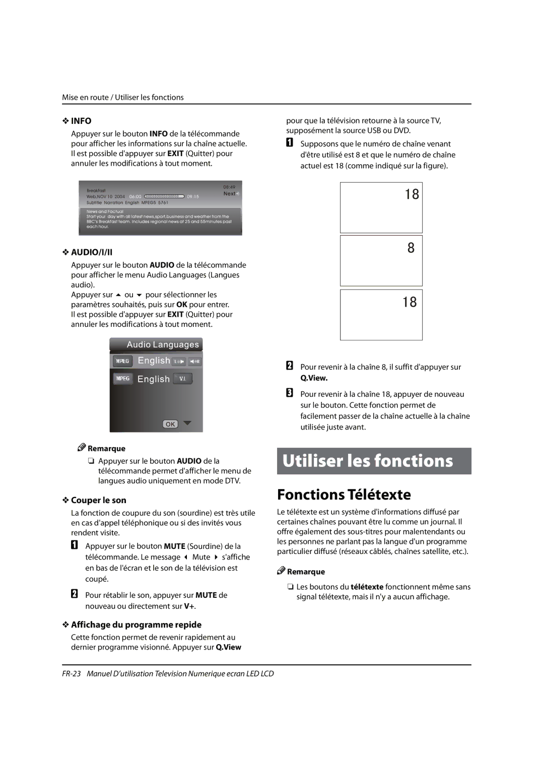 Haier 0090504932V manual Utiliser les fonctions, Fonctions Télétexte, Couper le son, Affichage du programme repide, View 