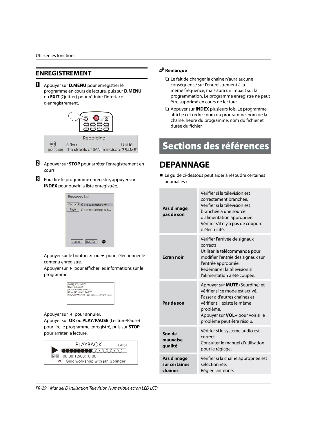 Haier 0090504932V manual Sections des références, Depannage, Enregistrement 