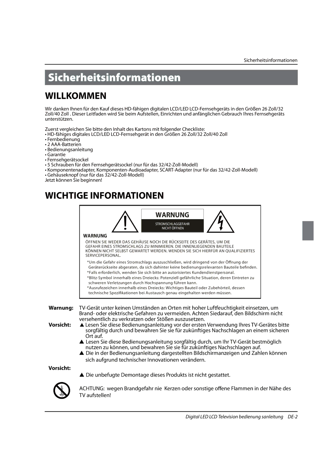 Haier 0090504932V manual Sicherheitsinformationen, Vorsicht, Digital LED LCD Television bedienung sanleitung DE-2 