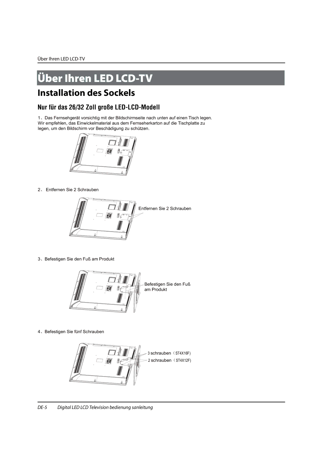 Haier 0090504932V Über Ihren LED LCD-TV, Installation des Sockels, DE-5 Digital LED LCD Television bedienung sanleitung 