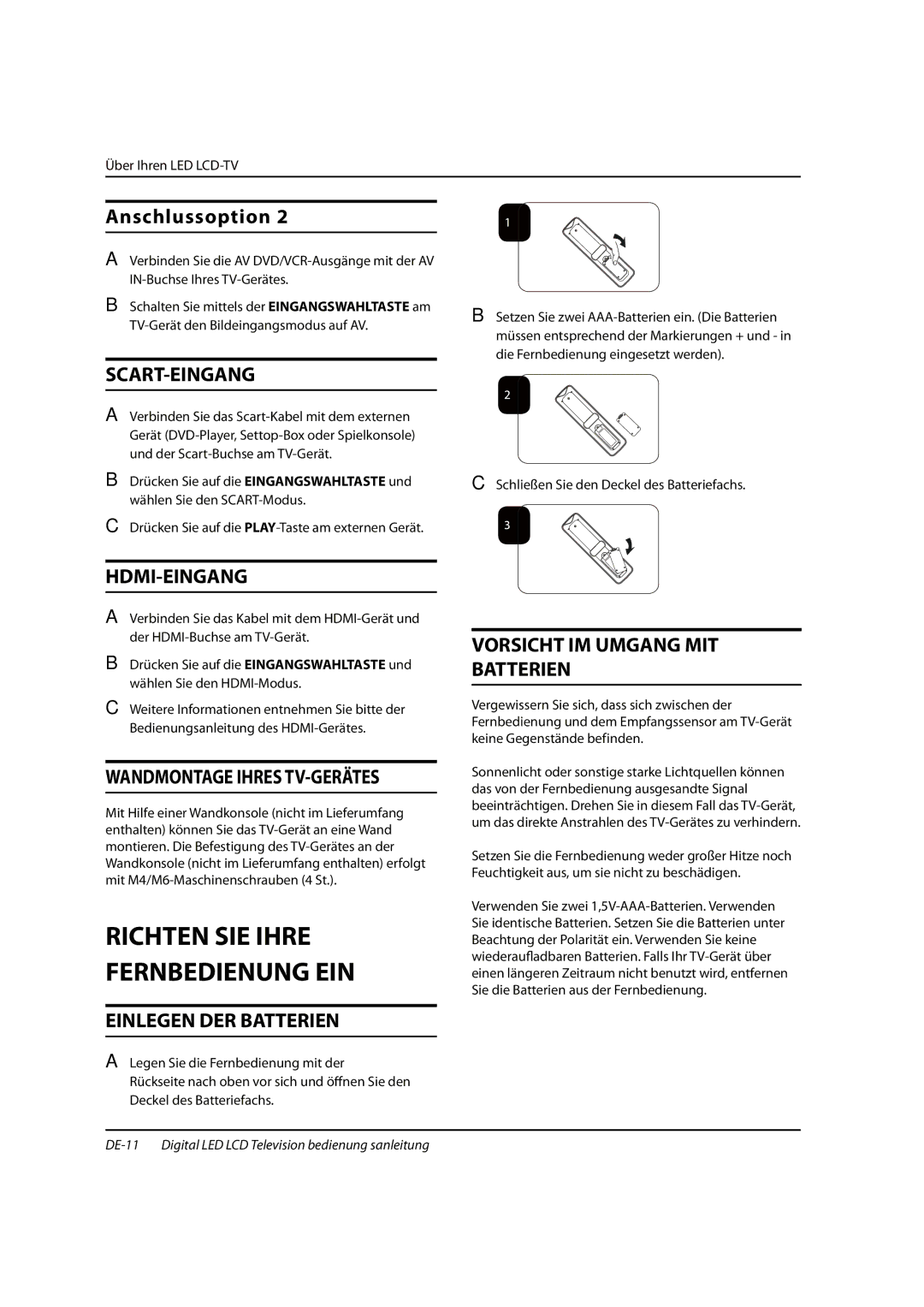 Haier 0090504932V manual Scart-Eingang, Hdmi-Eingang, Wandmontage Ihres TV-GERÄTES, Einlegen DER Batterien 