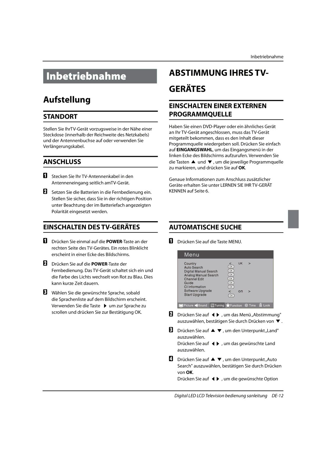 Haier 0090504932V manual Inbetriebnahme, Aufstellung, Abstimmung Ihres TV Gerätes 