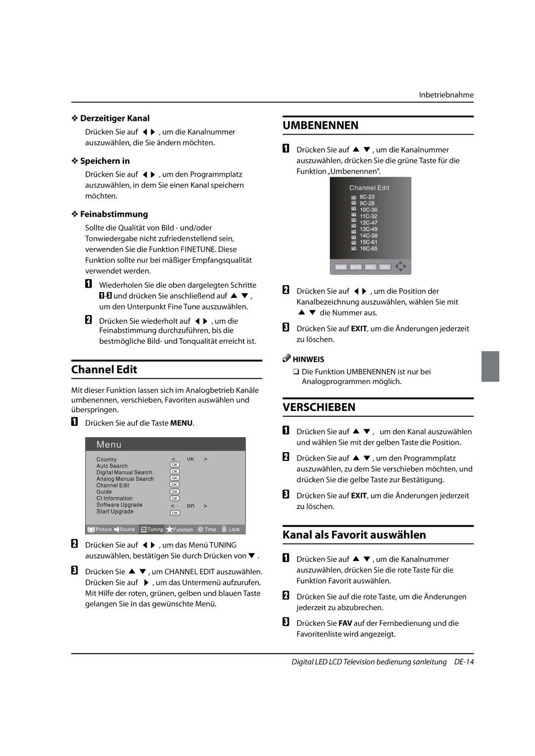 Haier 0090504932V manual Umbenennen, Verschieben, Kanal als Favorit auswählen 