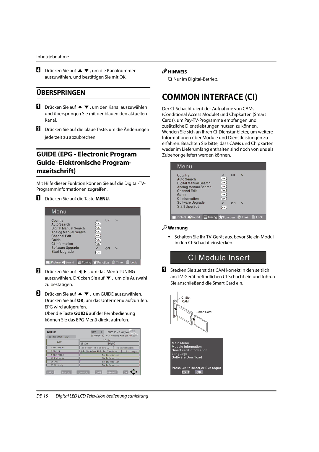 Haier 0090504932V manual Common Interface CI, Überspringen, Warnung, Zu bestätigen Drücken Sie auf 