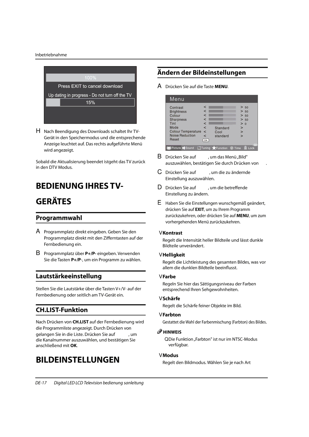 Haier 0090504932V manual Bedienung Ihres TV, Bildeinstellungen 