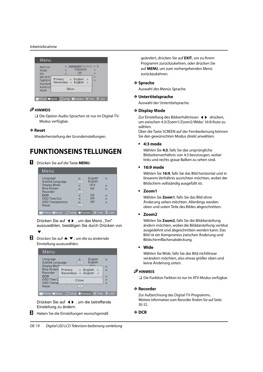 Haier 0090504932V manual Sprache, Untertitelsprache, DE-19 Digital LED LCD Television bedienung sanleitung 