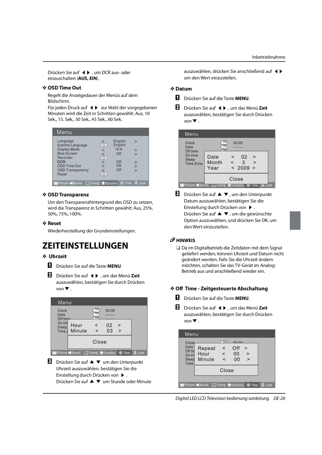 Haier 0090504932V manual Zeiteinstellungen, Datum, OSD Transparenz, Uhrzeit, Off Time Zeitgesteuerte Abschaltung 