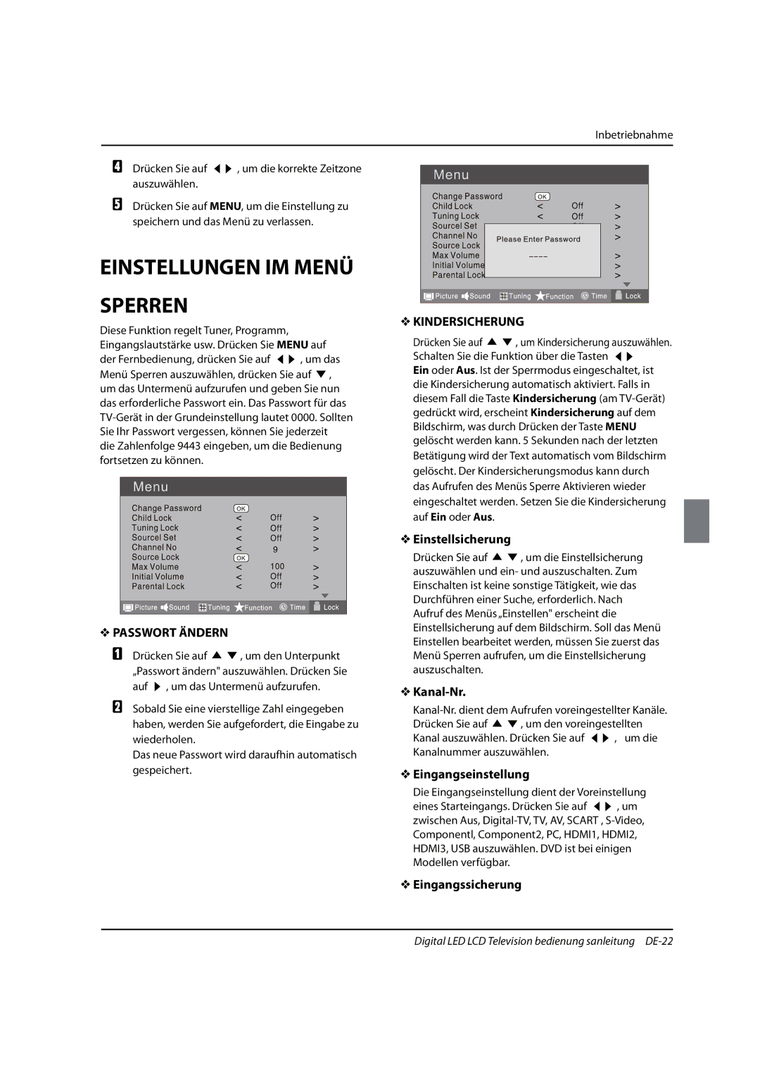 Haier 0090504932V manual Einstellungen IM Menü, Sperren, Passwort Ändern, Kindersicherung 