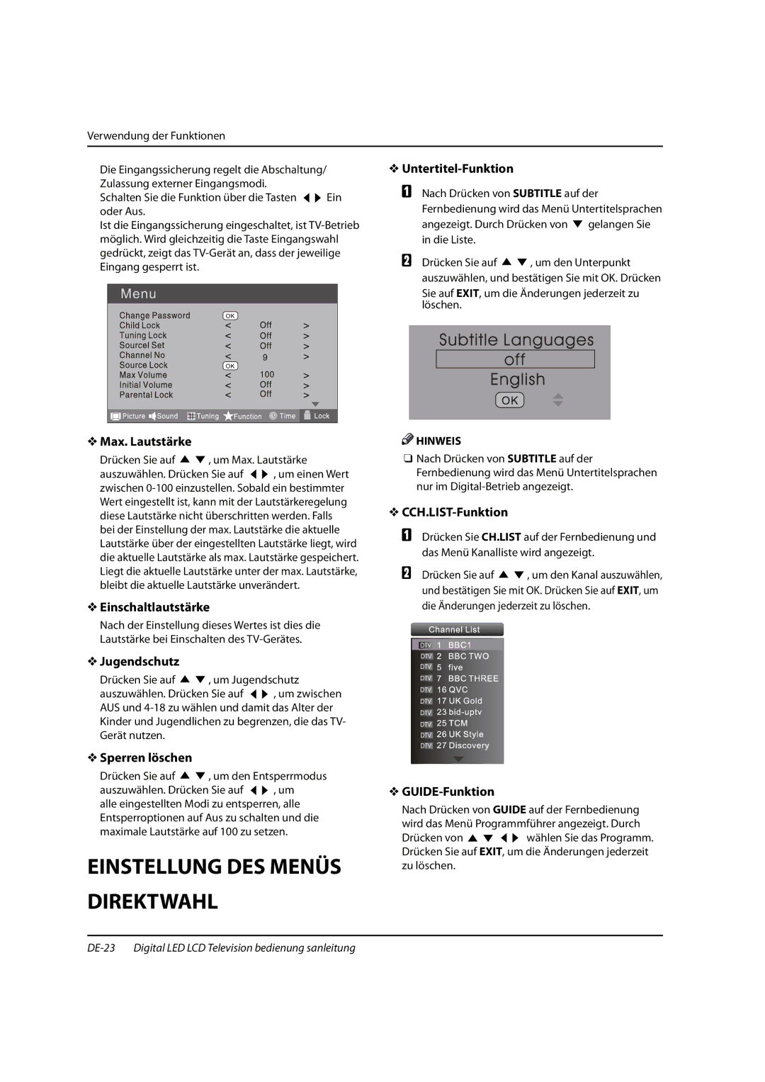 Haier 0090504932V manual Einstellung DES Menüs Direktwahl 