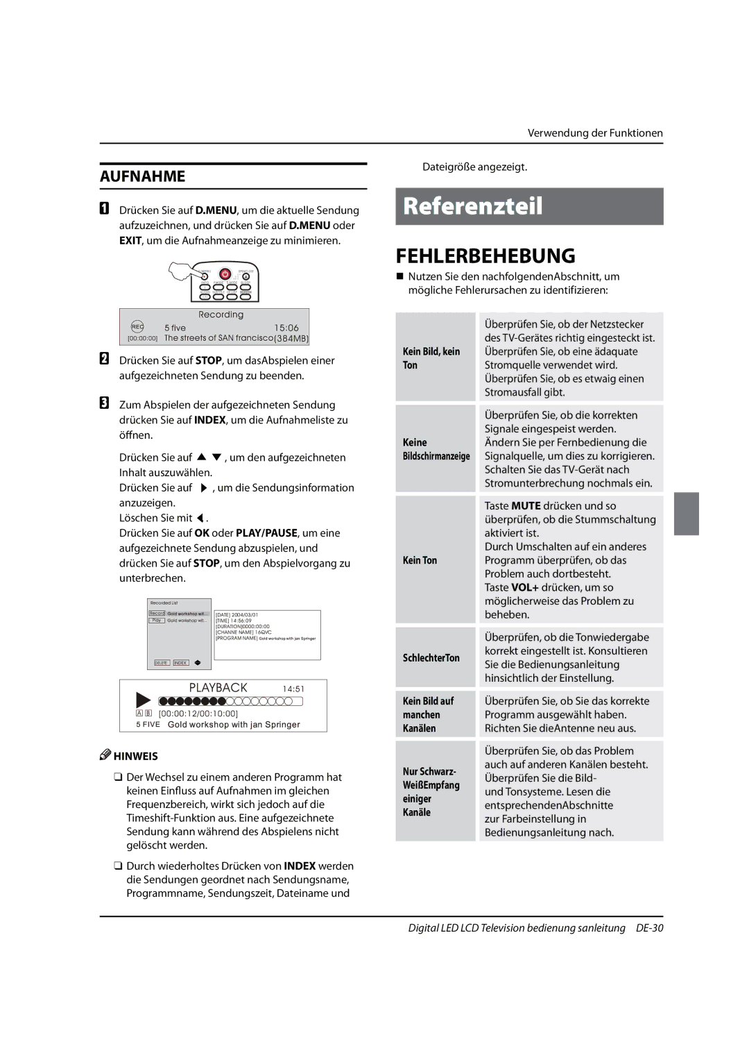 Haier 0090504932V manual Referenzteil, Fehlerbehebung, Aufnahme 