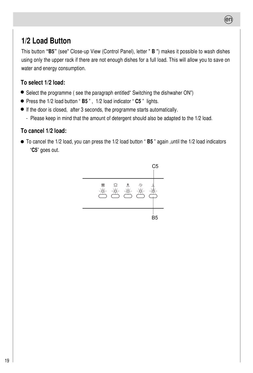 Haier 0120505609 manual Load Button, To select 1/2 load, To cancel 1/2 load 