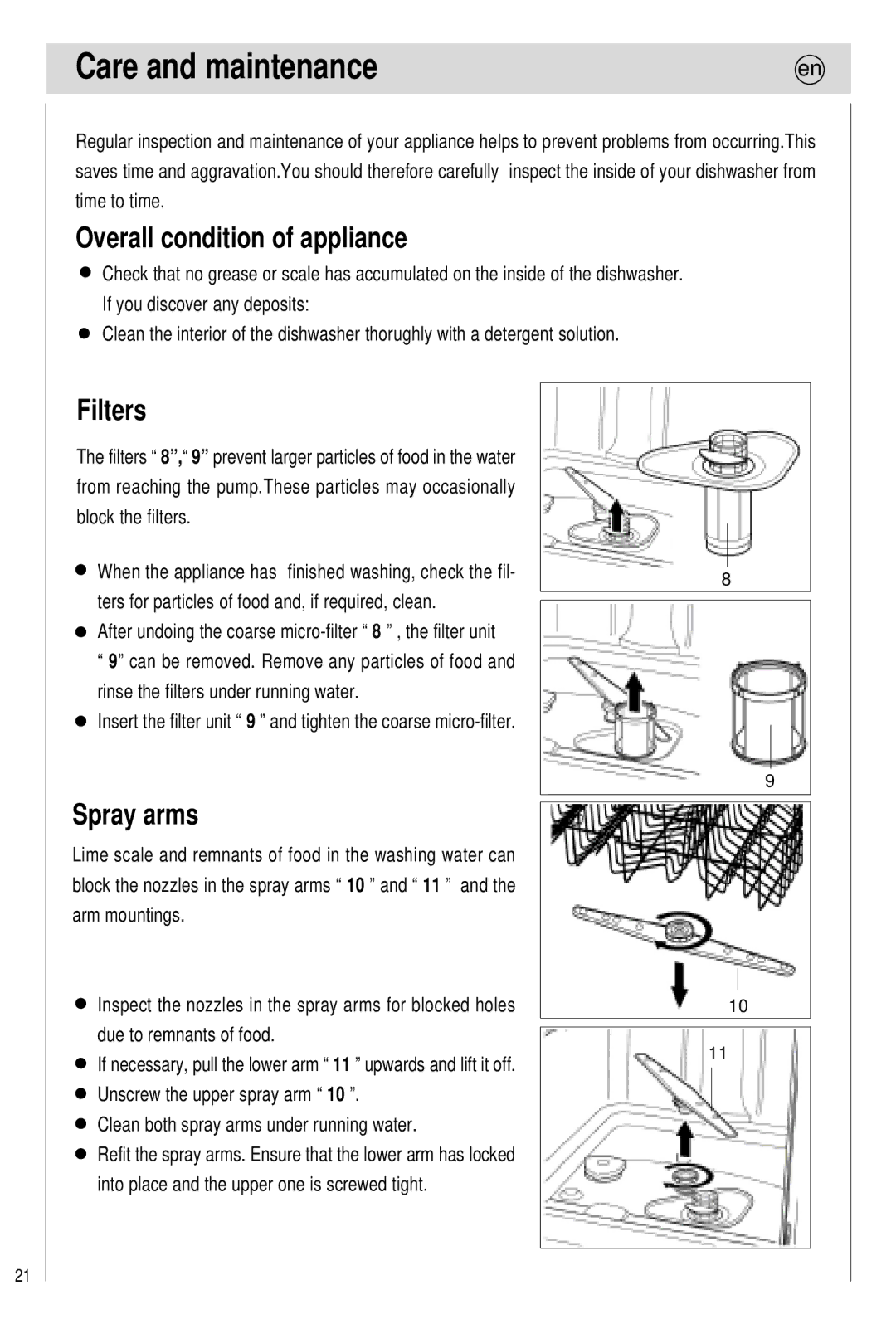 Haier 0120505609 manual Care and maintenance, Overall condition of appliance, Filters, Spray arms 