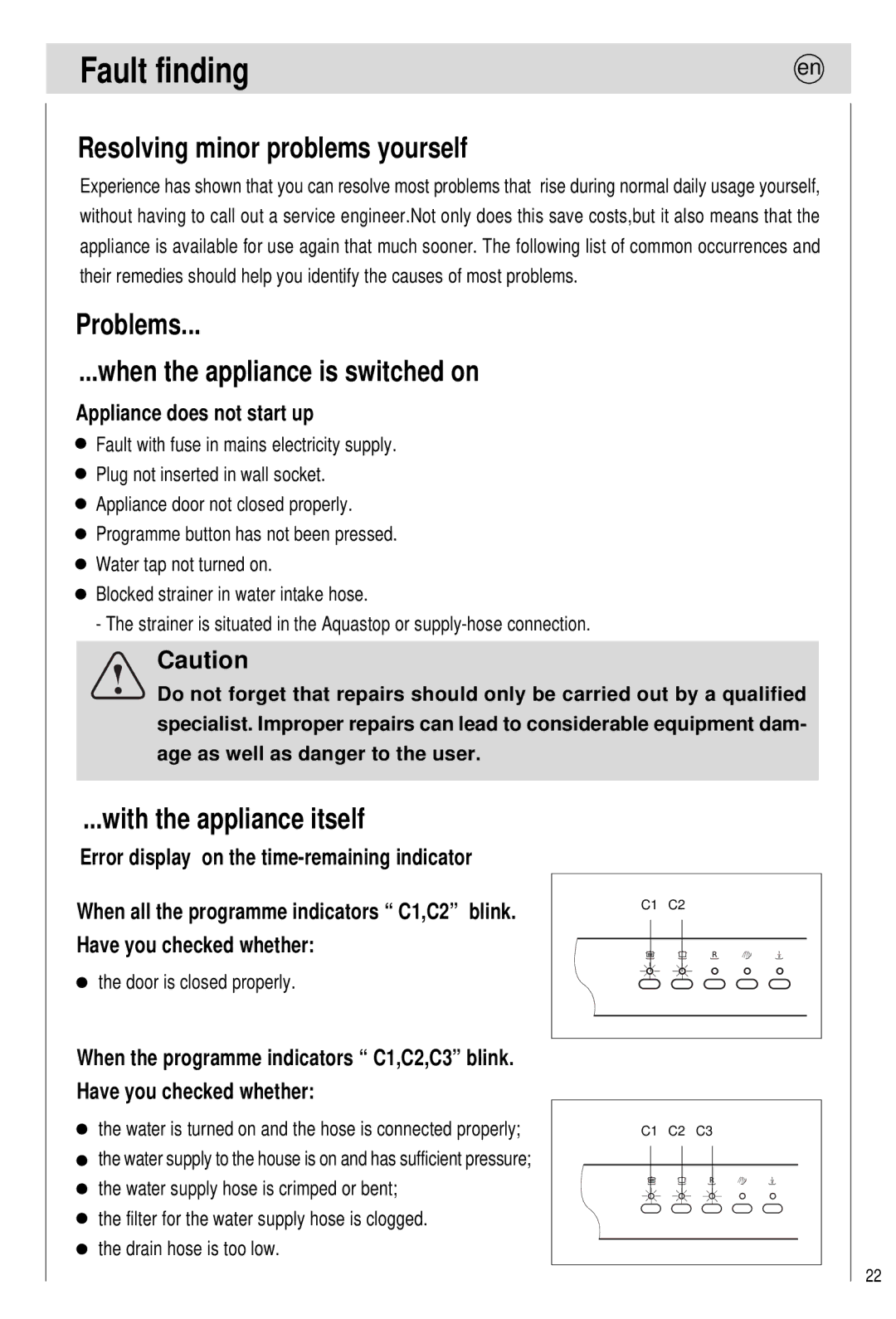 Haier 0120505609 manual Fault finding, Resolving minor problems yourself, Problems When the appliance is switched on 