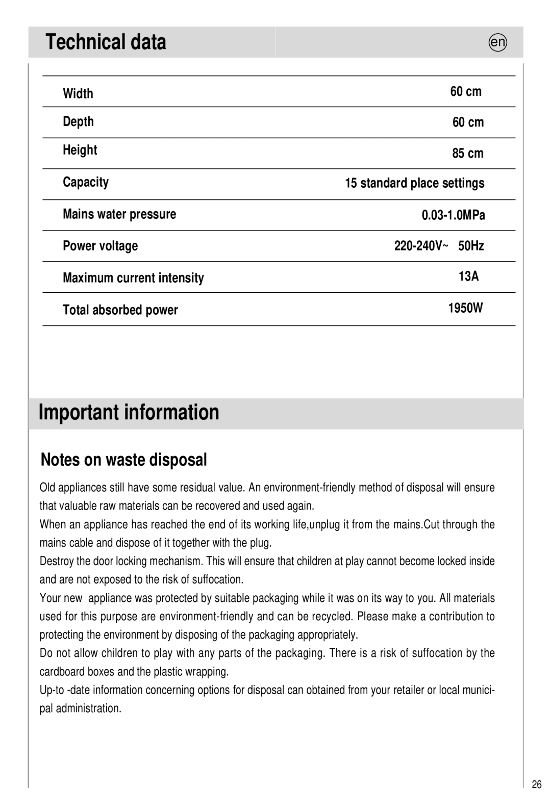 Haier 0120505609 manual Technical data, Important information, Width 60 cm Depth Height 85 cm Capacity 