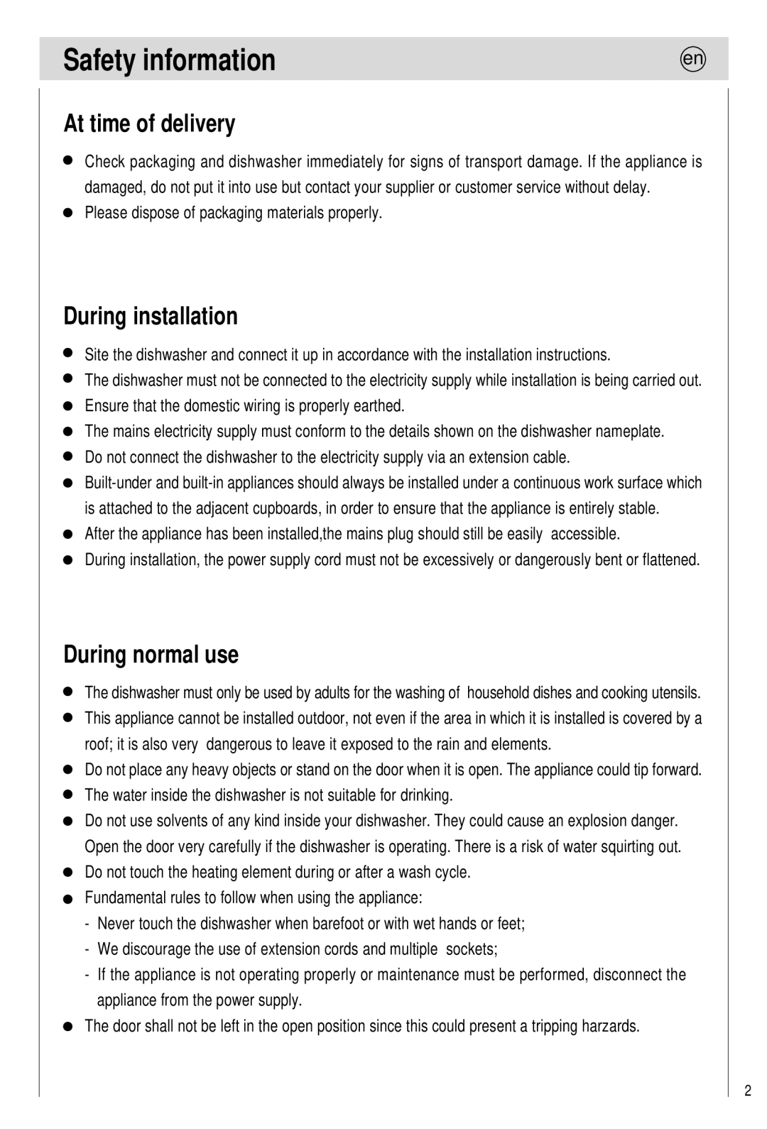 Haier 0120505609 manual Safety information, At time of delivery, During installation, During normal use 