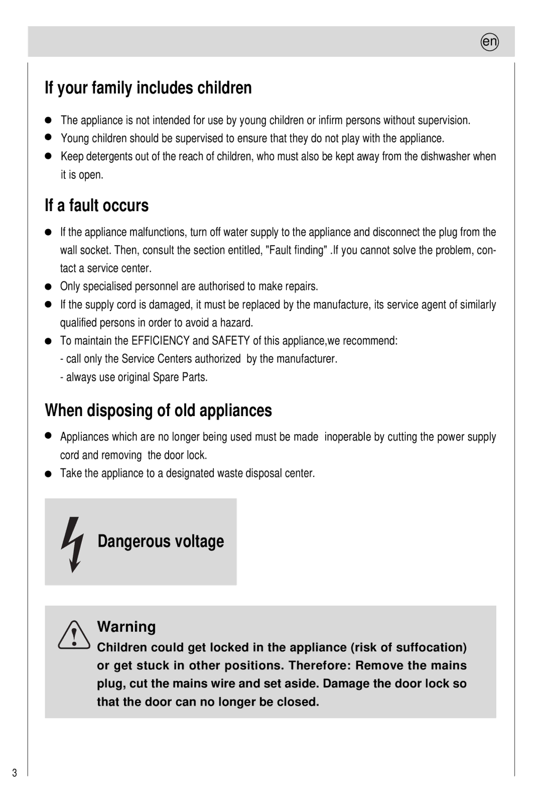 Haier 0120505609 manual If your family includes children, If a fault occurs, When disposing of old appliances 