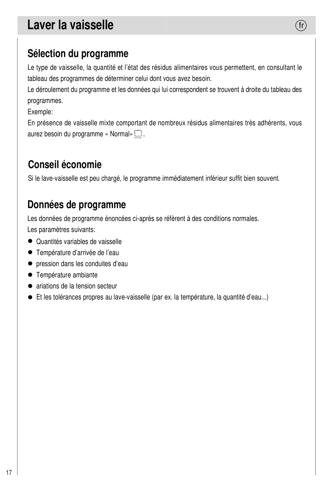 Haier 0120505609 manual Laver la vaisselle fr, Sélection du programme, Conseil économie, Données de programme 