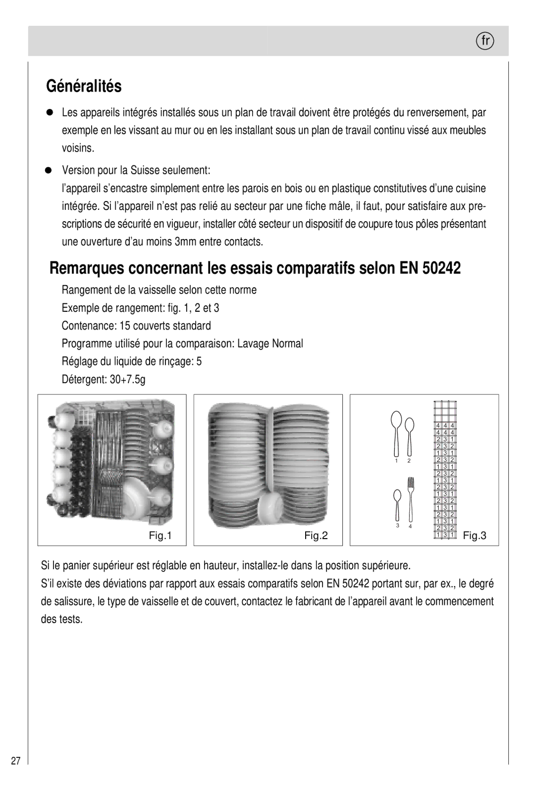 Haier 0120505609 manual Généralités, Remarques concernant les essais comparatifs selon EN 