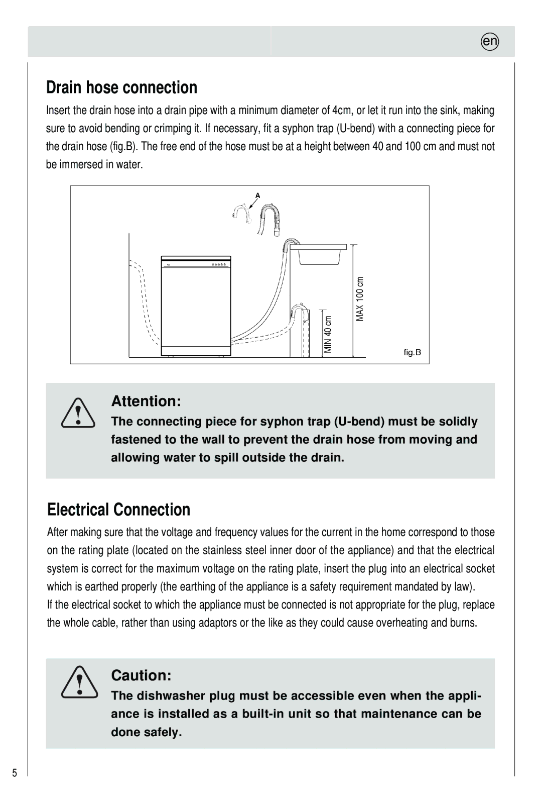 Haier 0120505609 manual Drain hose connection, Electrical Connection 