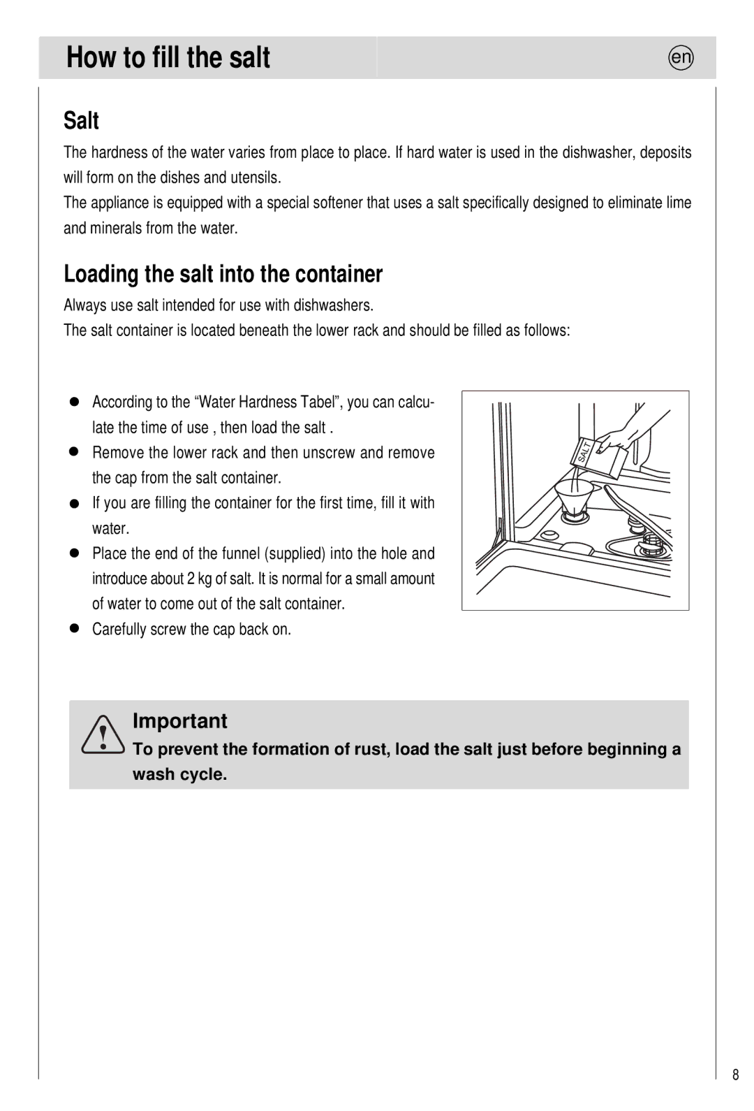 Haier 0120505609 manual How to fill the salt, Salt, Loading the salt into the container, Carefully screw the cap back on 