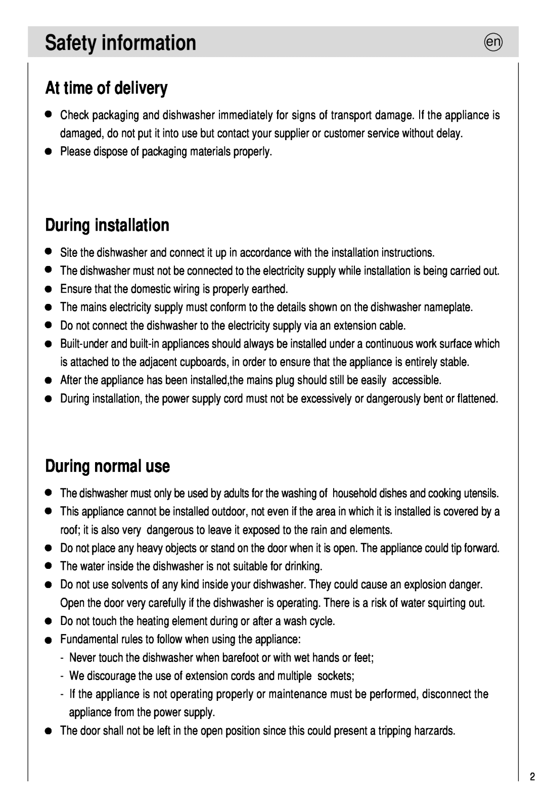 Haier 0120505609 manual Safety information, At time of delivery, During installation, During normal use 