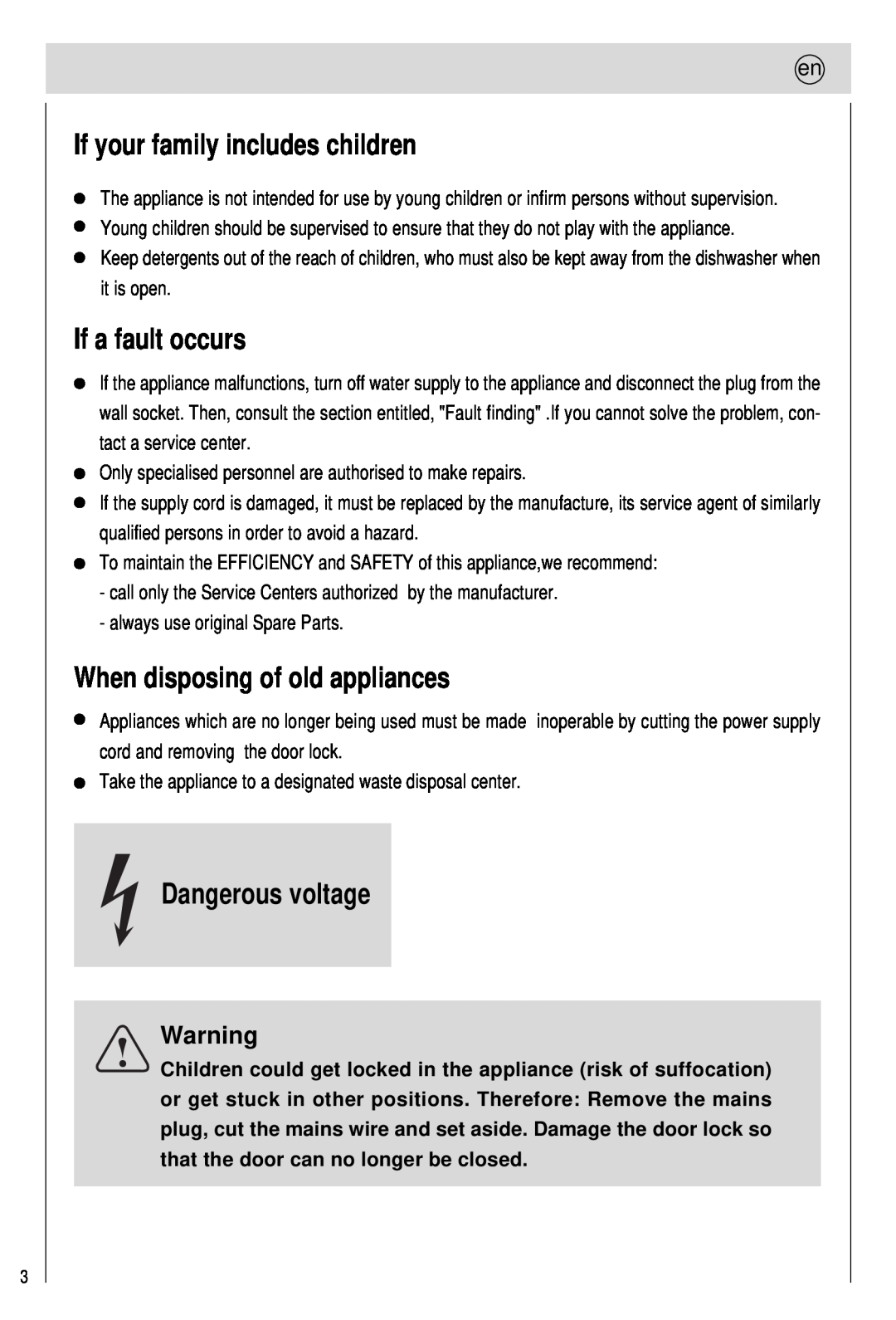 Haier 0120505609 If your family includes children, If a fault occurs, When disposing of old appliances, Dangerous voltage 