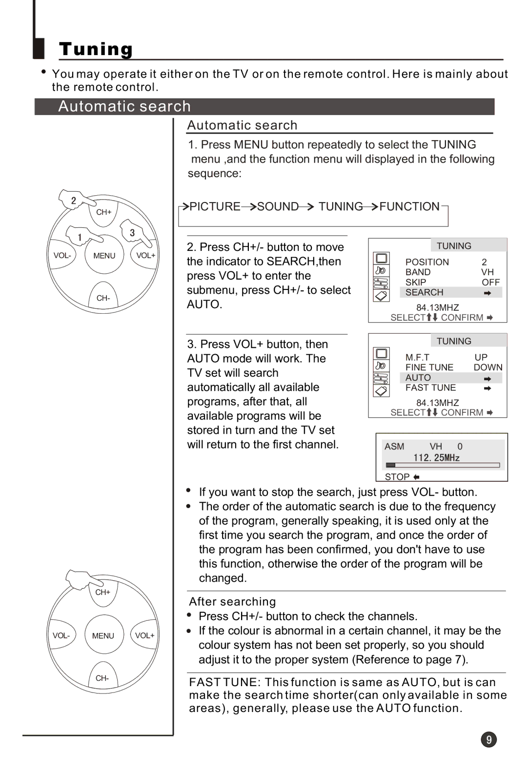 Haier 21T3A, 21F9K, 21F3A, 21T9D, 21F9D, 21FA1(D), 21TA1-BG owner manual Tuning, Automatic search, Sequence 