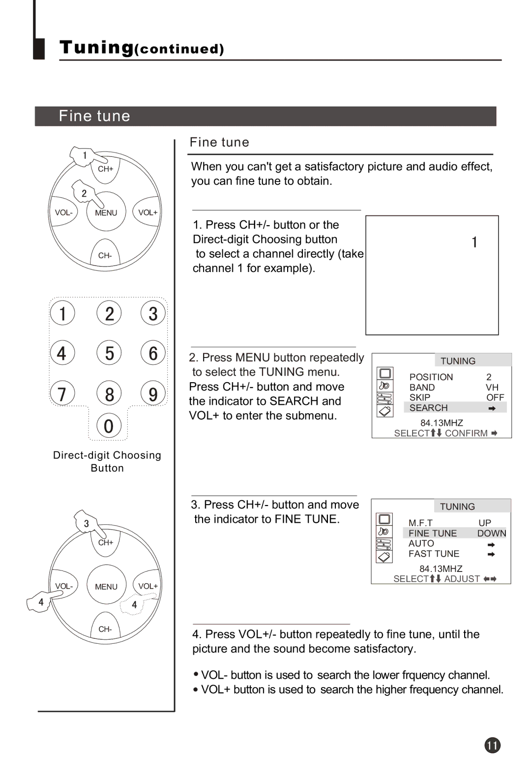 Haier 21T3A, 21F9K, 21F3A, 21T9D, 21F9D, 21FA1(D), 21TA1-BG owner manual Fine tune 