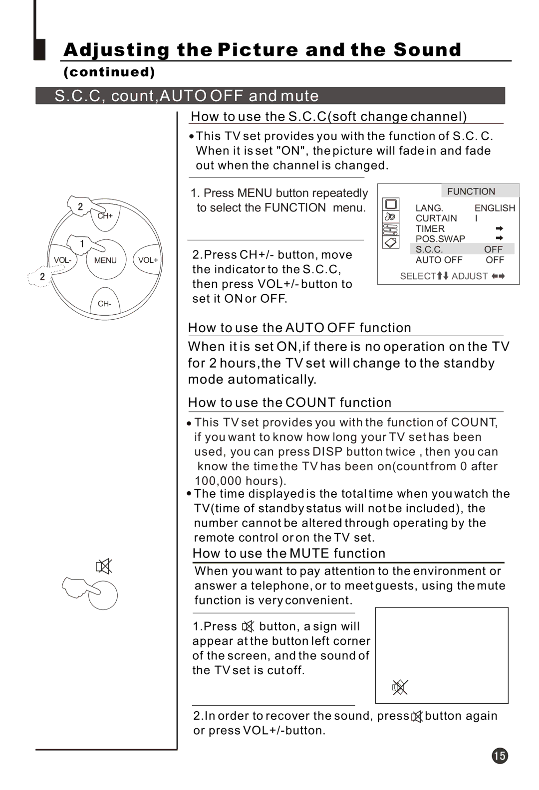 Haier 21F3A owner manual C, count,AUTO OFF and mute, How to use the S.C.Csoft change channel, How to use the Mute function 