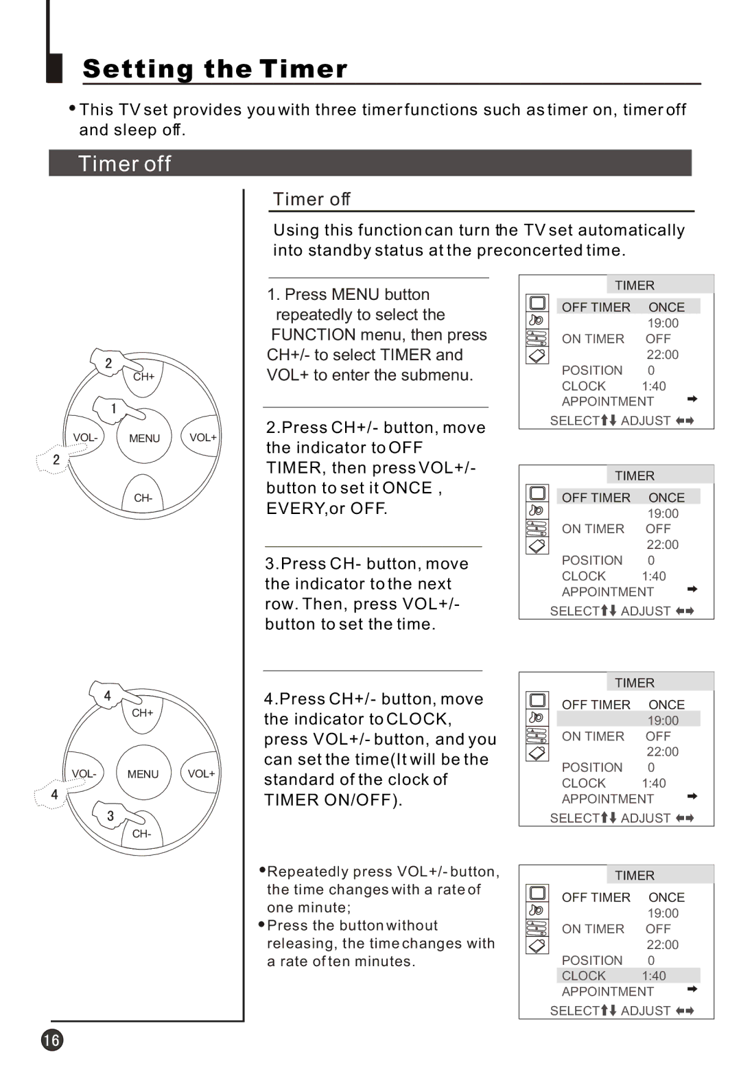 Haier 21T3A, 21F9K, 21F3A, 21T9D, 21F9D, 21FA1(D), 21TA1-BG owner manual Setting the Timer, Timer off 