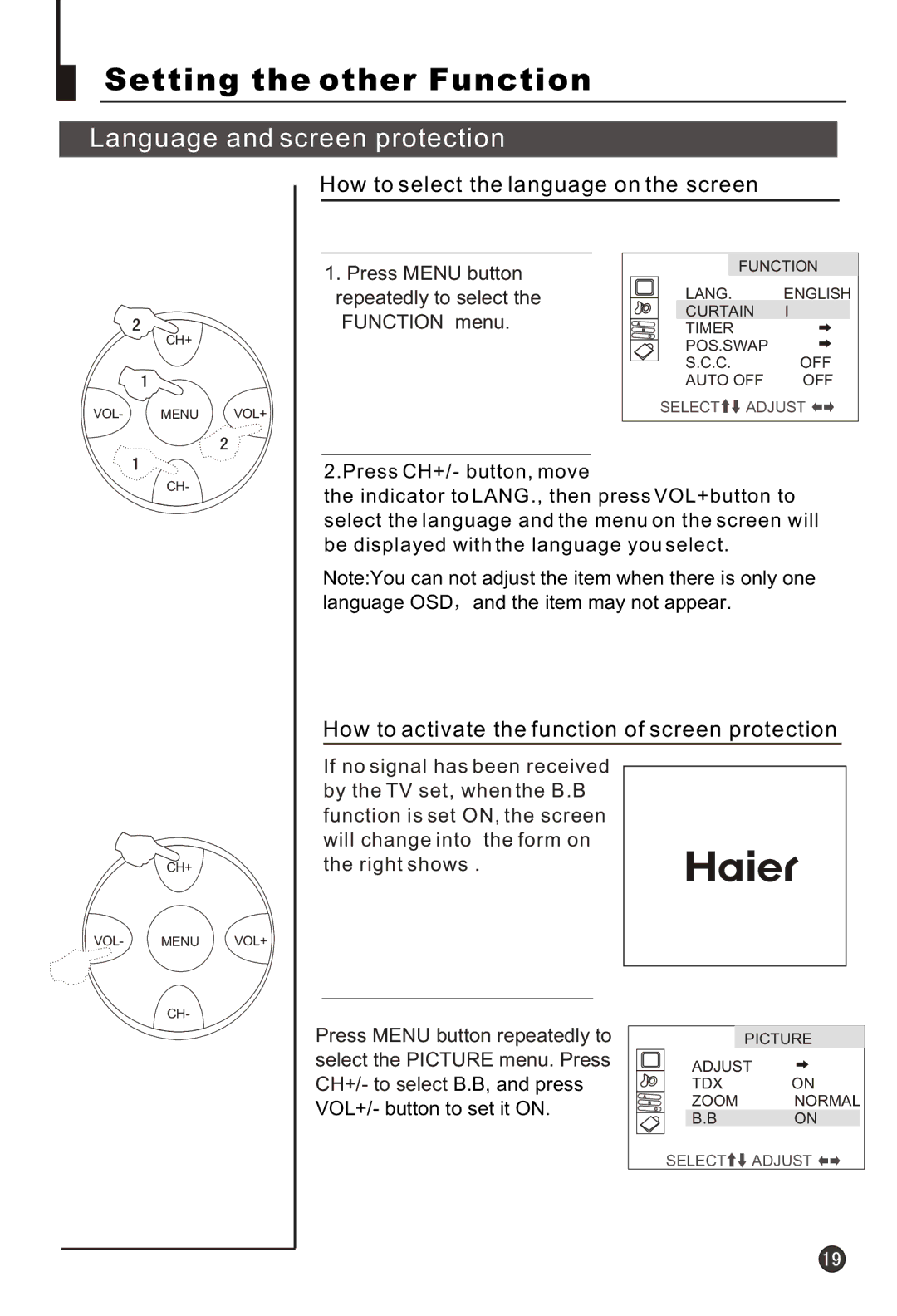 Haier 21F3A owner manual Setting the other Function, How to select the language on the screen 