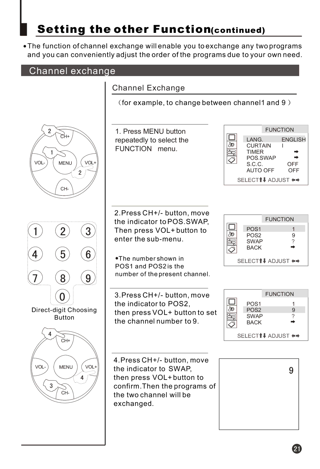 Haier 21T3A, 21F9K, 21F3A, 21T9D, 21F9D, 21FA1(D), 21TA1-BG owner manual Channel exchange, Channel Exchange 