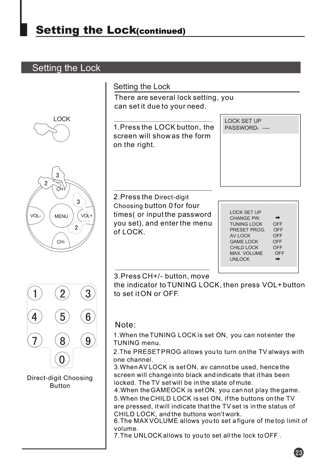 Haier 21T3A, 21F9K, 21F3A, 21T9D, 21F9D, 21FA1(D), 21TA1-BG owner manual Setting the Lock 