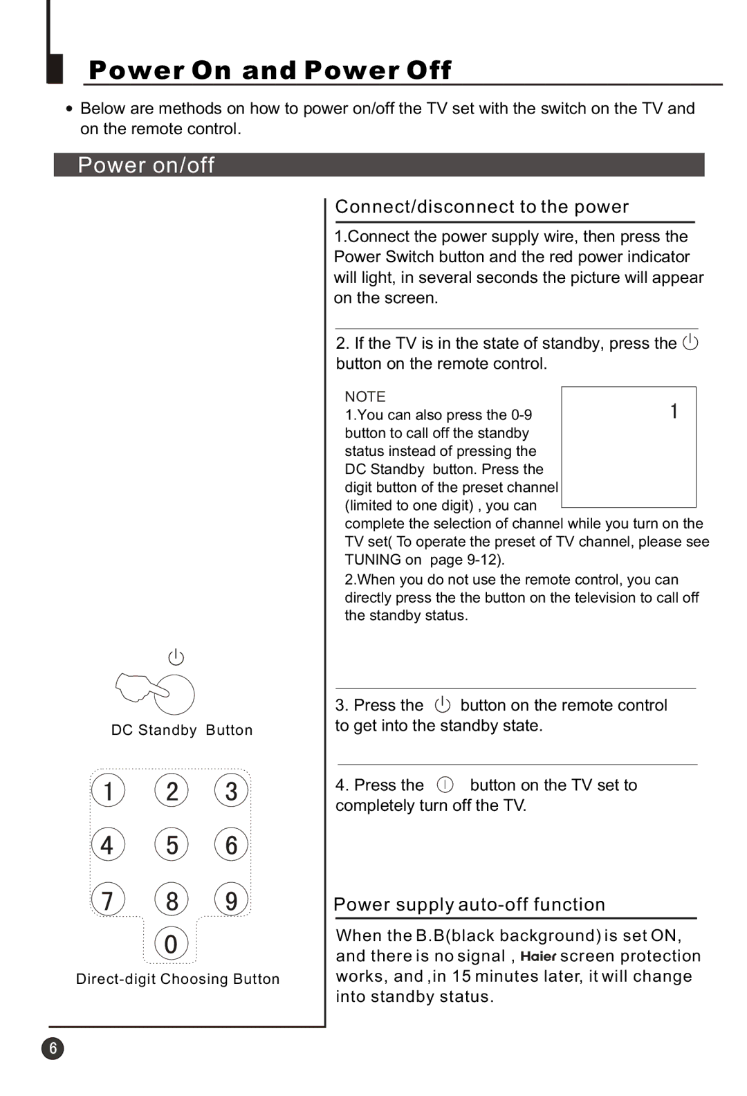 Haier 21T3A, 21F9K, 21F3A, 21T9D, 21F9D, 21FA1(D), 21TA1-BG owner manual Power On and Power Off, Power on/off 