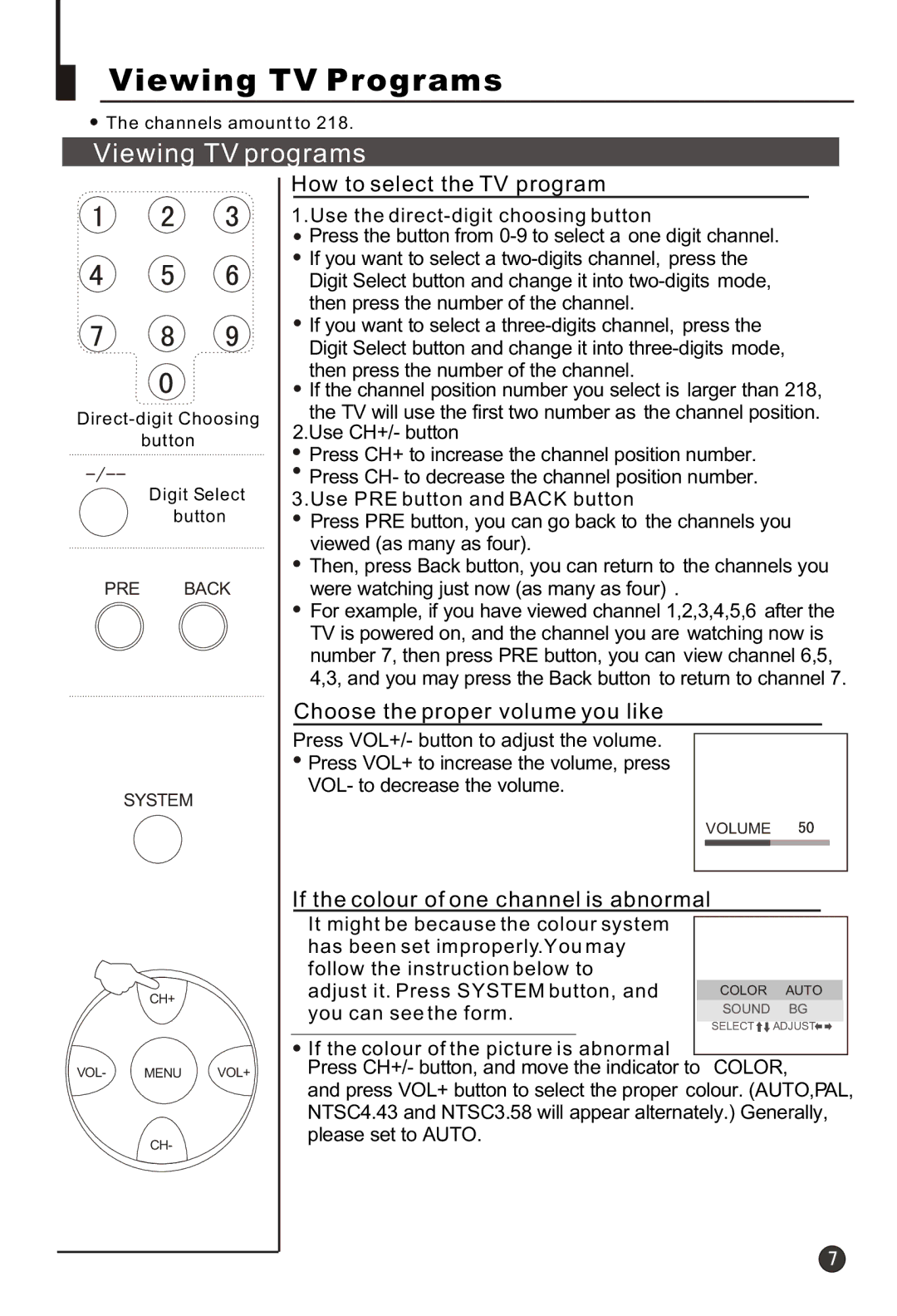 Haier 21F3A Viewing TV Programs, Viewing TV programs, How to select the TV program, Choose the proper volume you like 