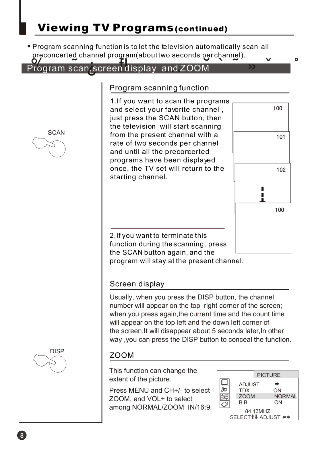 Haier 21T3A, 21F9K, 21F3A, 21T9D, 21F9D, 21FA1(D), 21TA1-BG owner manual Program scanning function, Screen display 