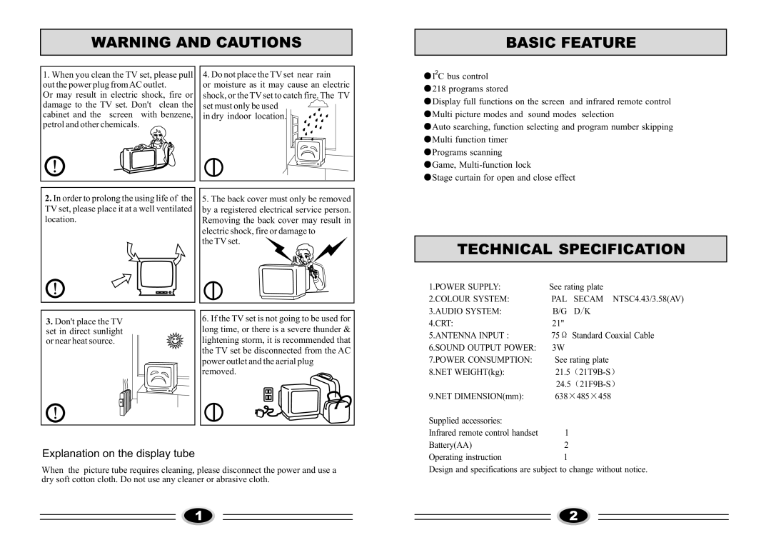 Haier 21T9B-S, 21F9B-S manual Basic Feature, Technical Specification 