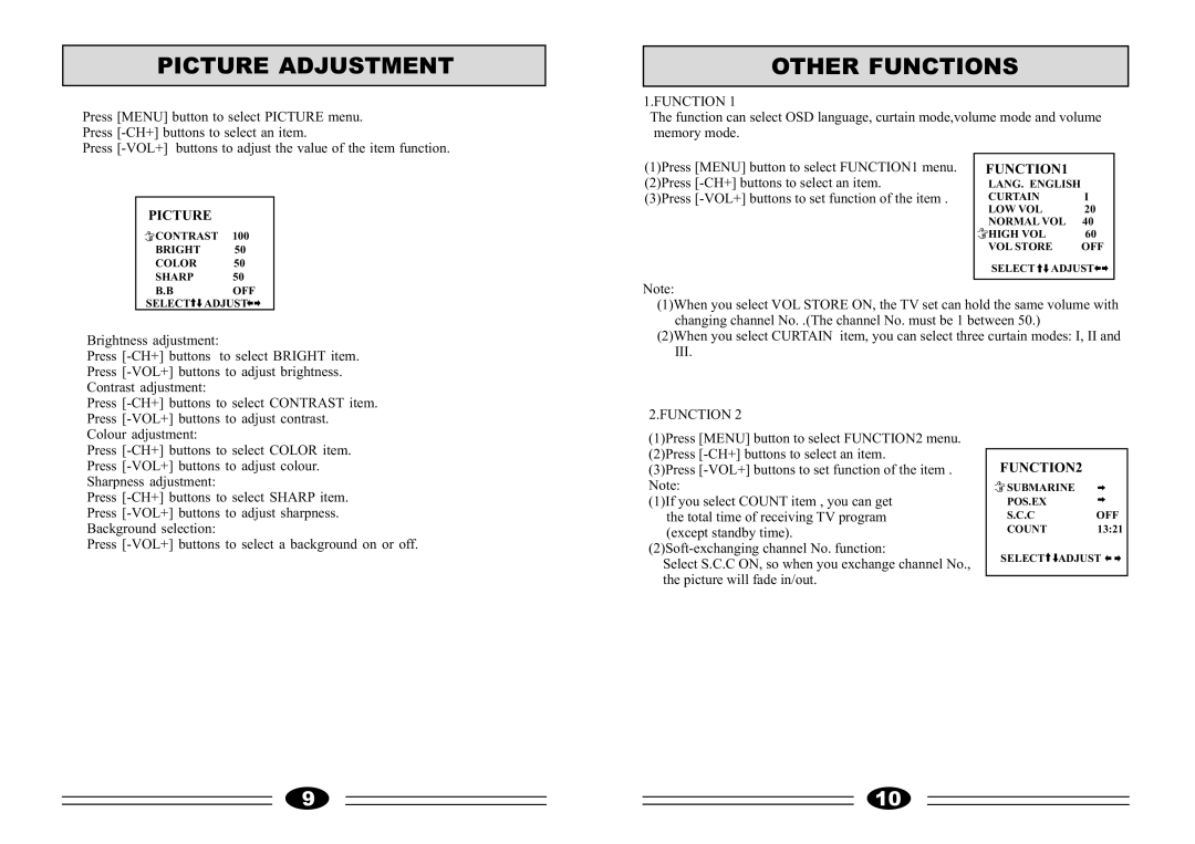 Haier 21T9B-S, 21F9B-S manual Picture Adjustment, Other Functions, FUNCTION1, FUNCTION2 