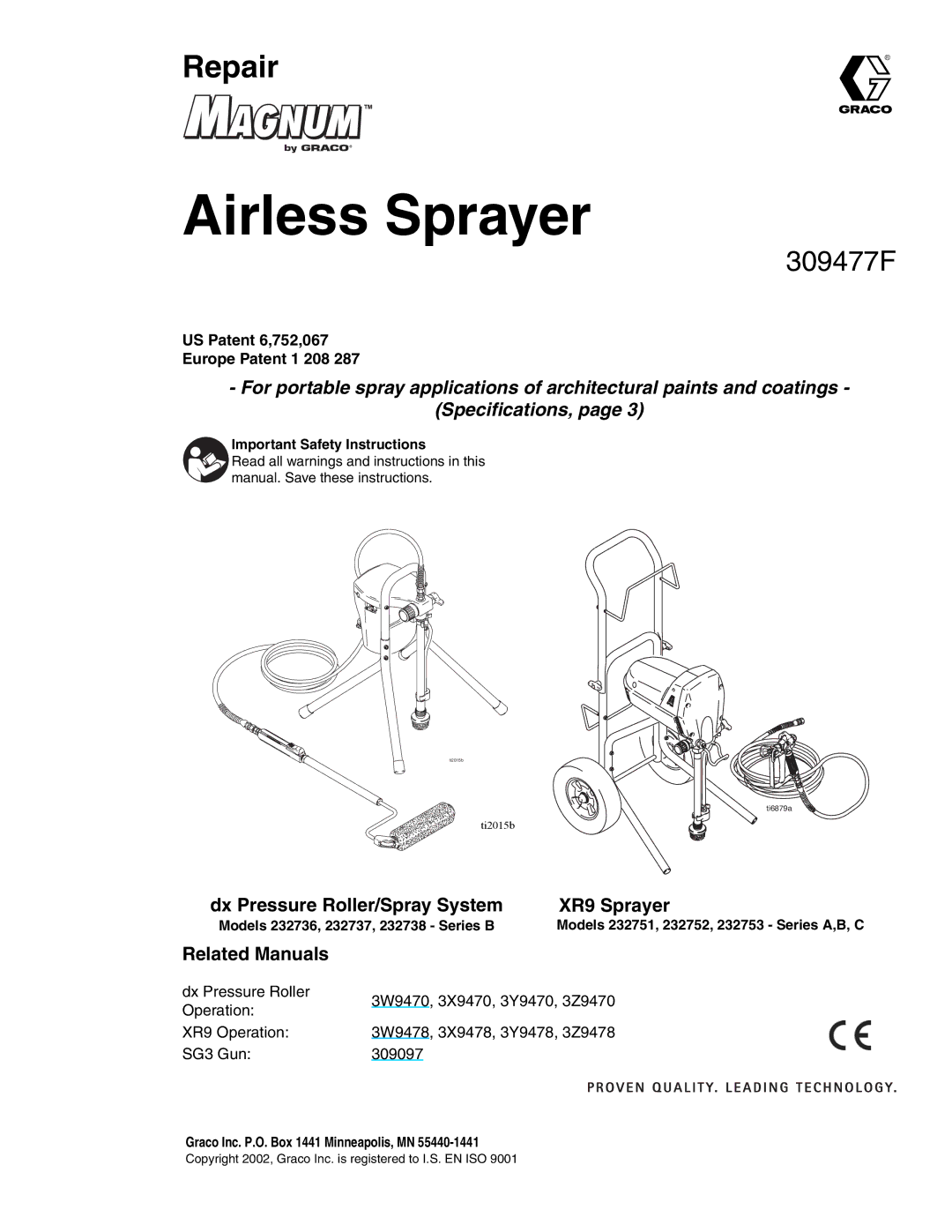 Haier 232738 specifications Airless Sprayer, US Patent 6,752,067 Europe Patent 1 208 